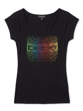 bebe Black Short Sleeve Logo Tee with Rainbow Dot Print